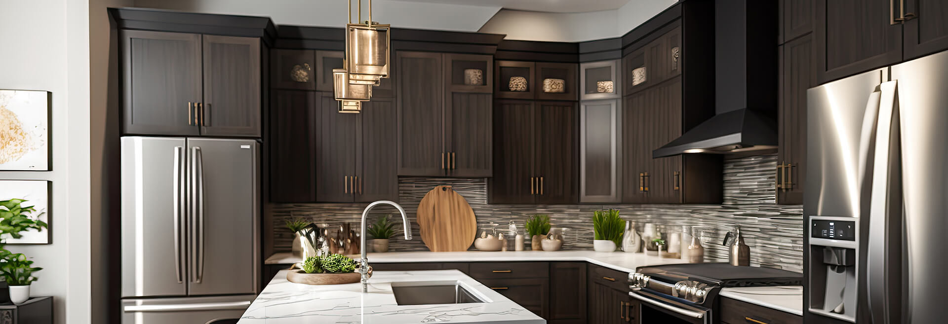 Dark wood kitchen cabinets with a marble island