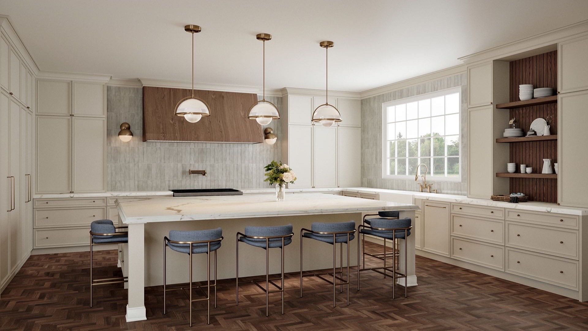 Cream shaker kitchen cabinets with a large island and blue bar stools