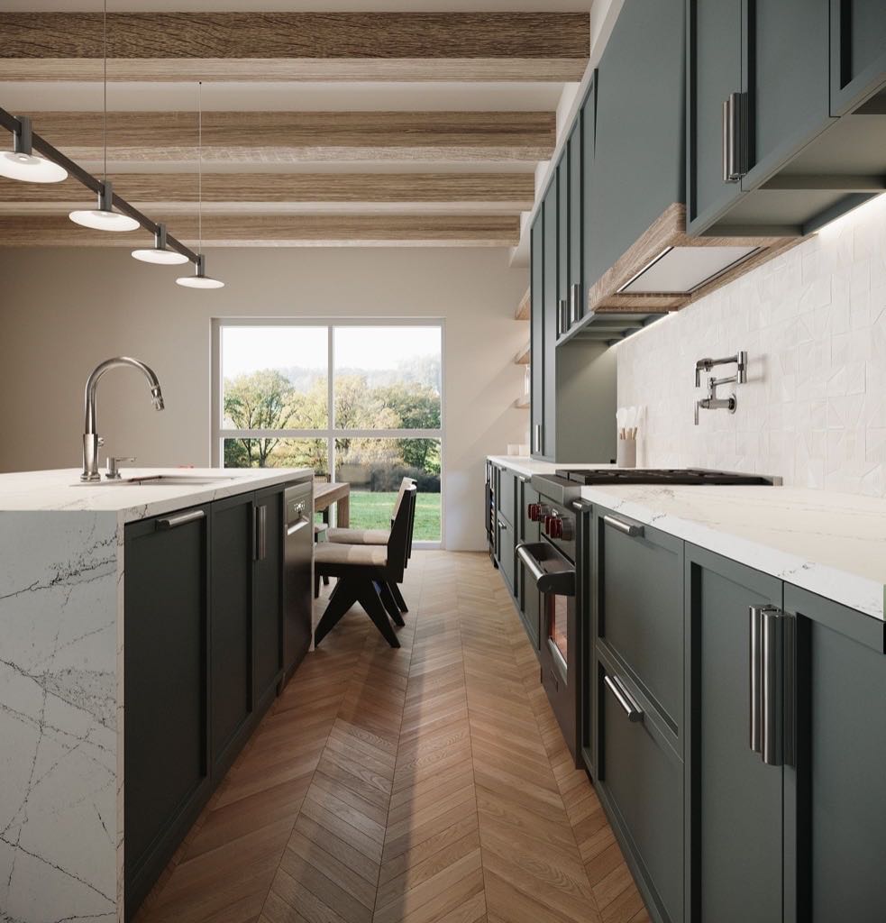 Kitchen with dark green cabinets, a marble island and a herringbone wood floor