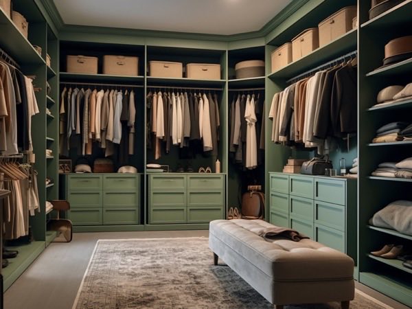 Green walk-in closet with shaker drawers and an upholstered bench