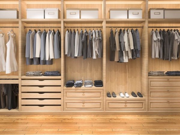 Oak closet system with hanging rails and drawers