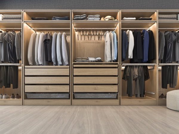 Oak wardrobe with LED-lit hanging rails and drawers