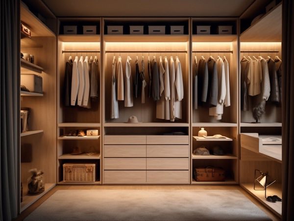Walk-in closet with warm lighting, hanging space and drawers