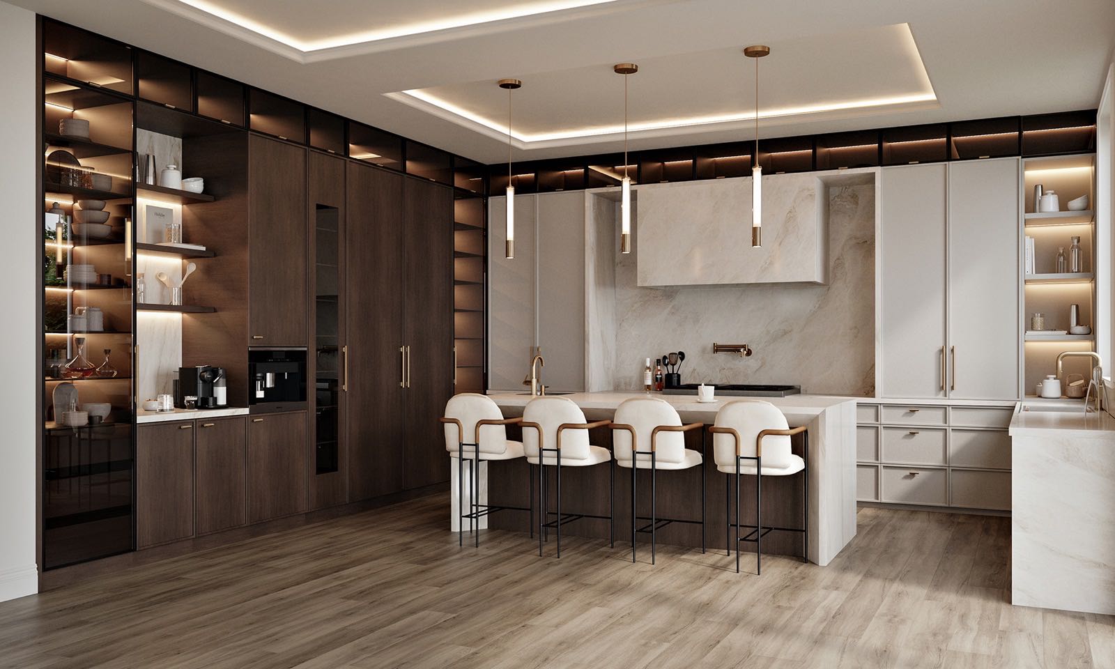 Custom kitchen with a white island, bar stools and lit open shelving