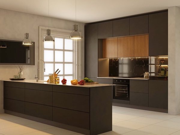 Kitchen with a dark island, white tall cabinets and warm wood upper units