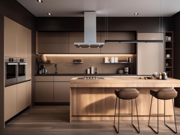 Wood kitchen island with bar stools under LED-lit open shelves