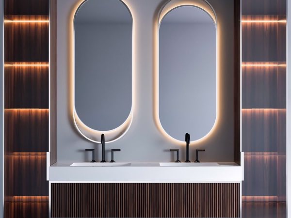 Double vanity with backlit oval mirrors between lit wood wall panels