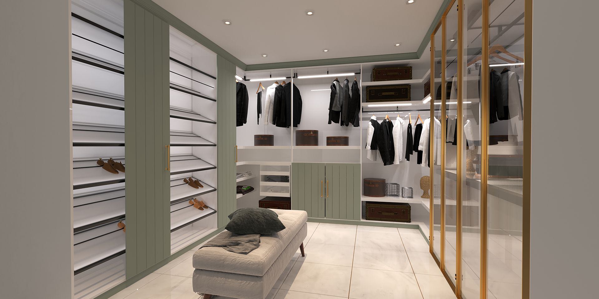 Walk-in closet with sage green cabinets, glass doors and an ottoman