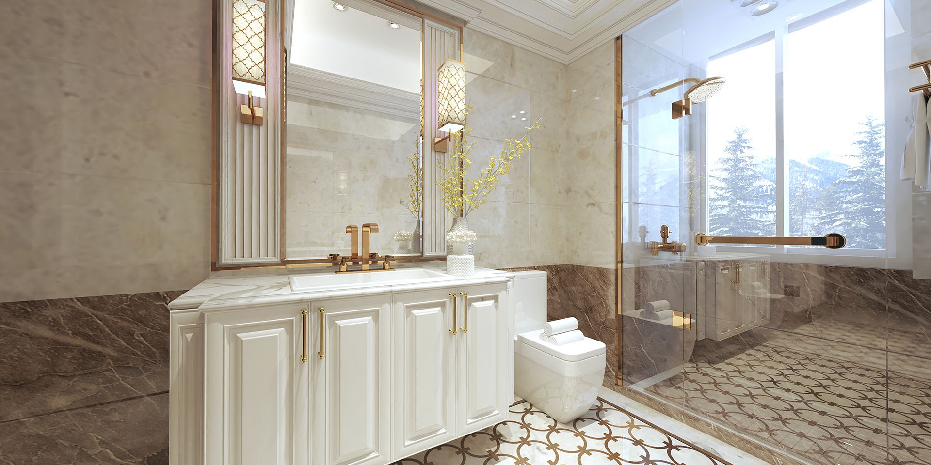 White bathroom vanity with gold fixtures next to a glass shower