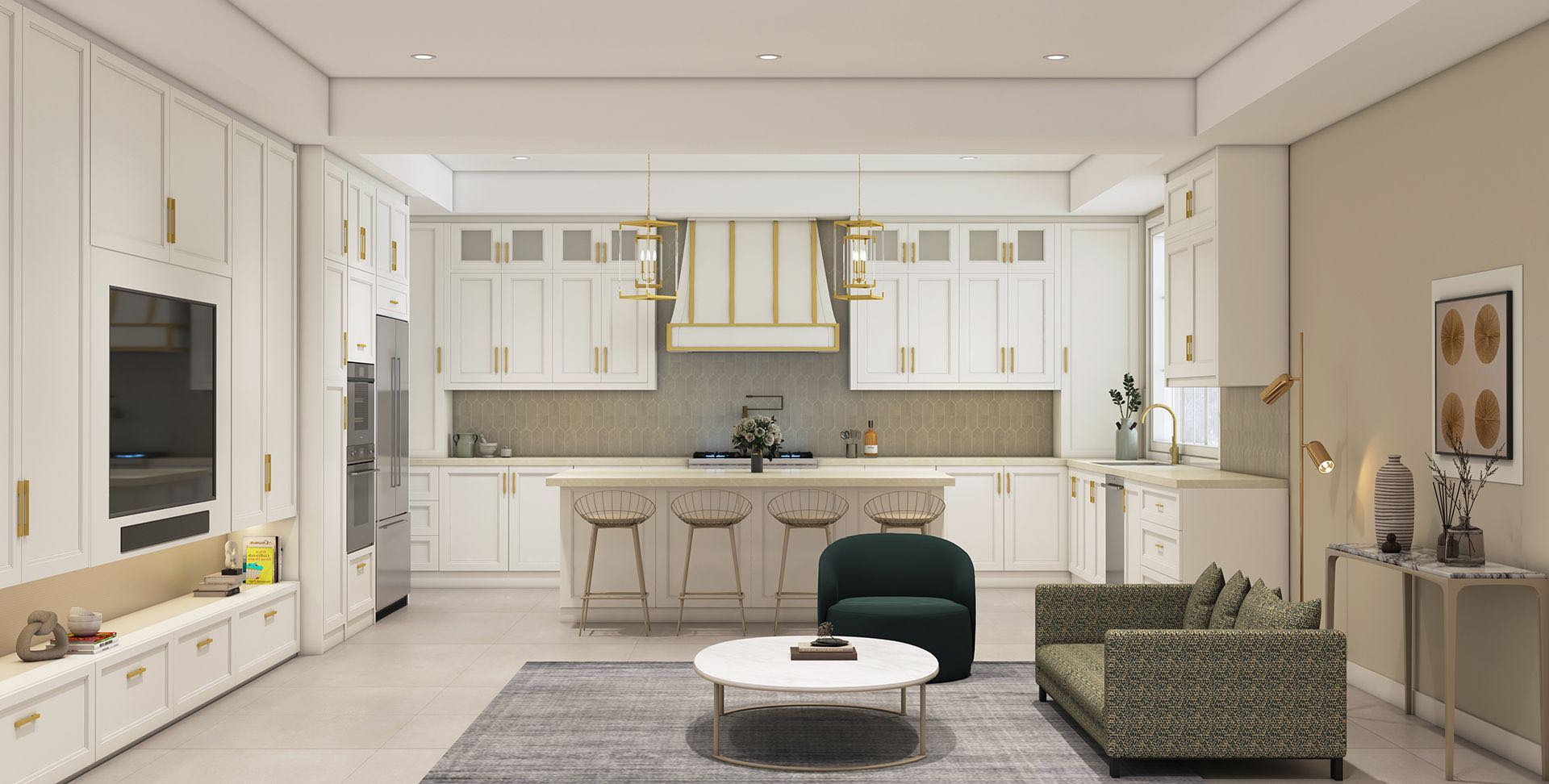Open-plan white kitchen with an island, a living area and a round coffee table